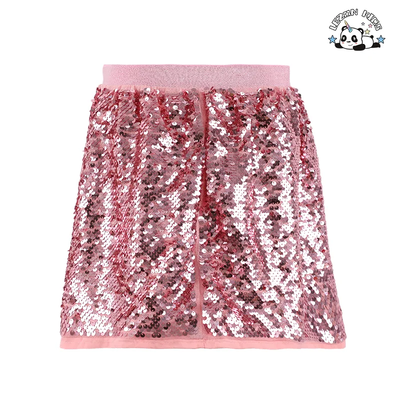 LEZONKIDS - Saia rosa plissada de verão personalizável OEM com lantejoulas brilhantes Saia curta fofa para meninas de 2 a 14 anos